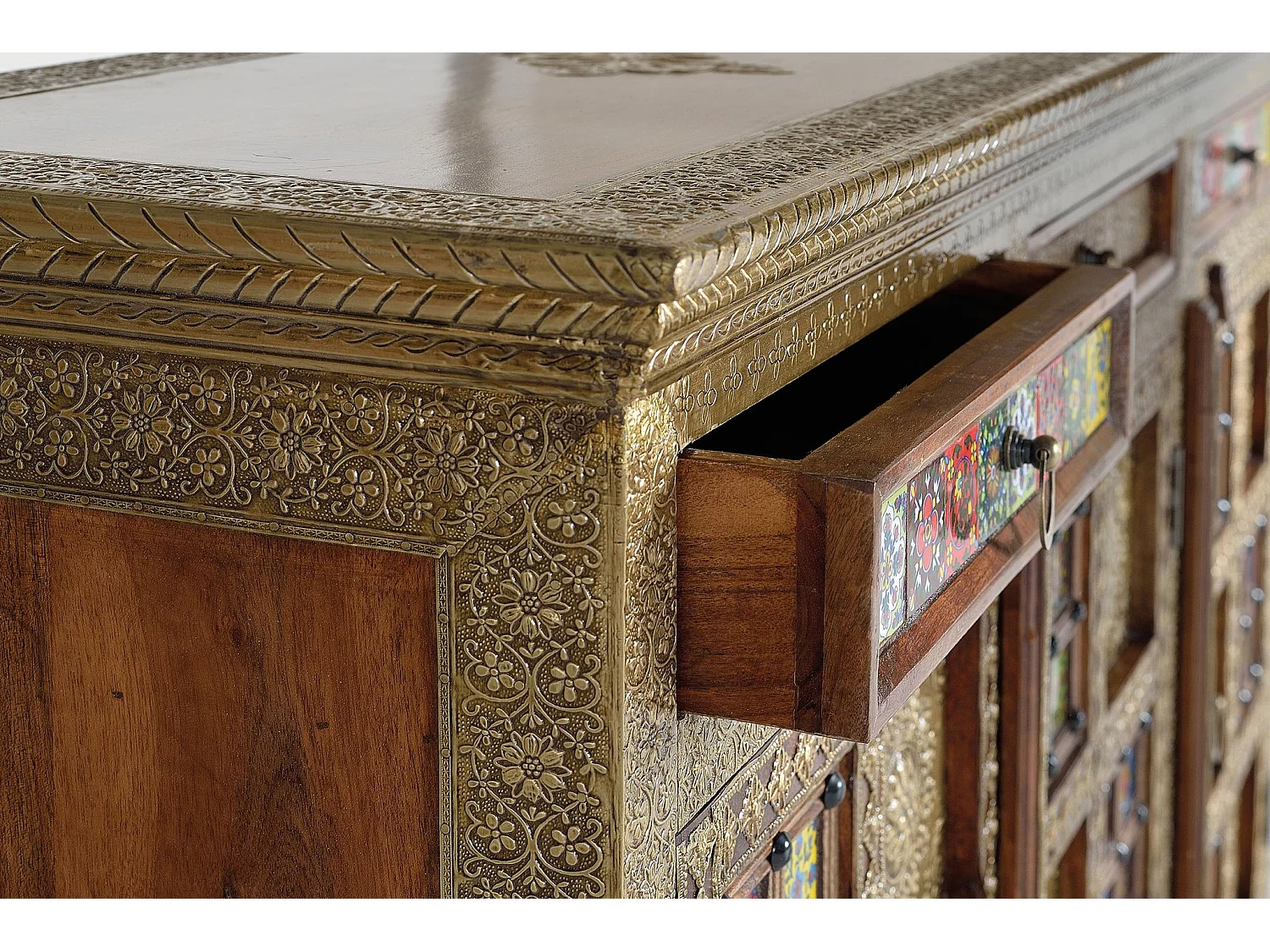 Buffet en bois d'acacia, style ethnique artisanal - 90 x 150 x 40
