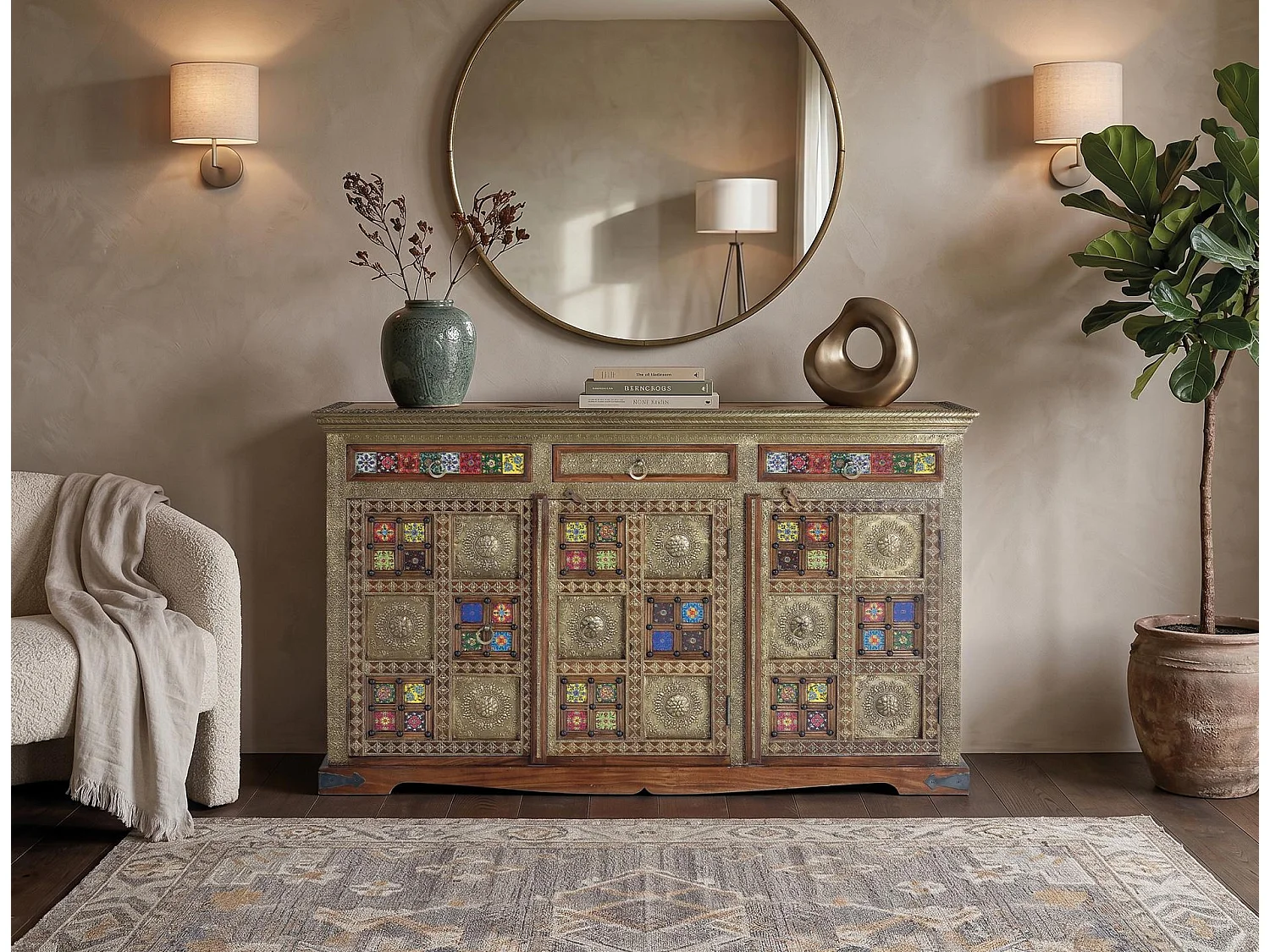 Buffet en bois d'acacia, style ethnique artisanal - 90 x 150 x 40