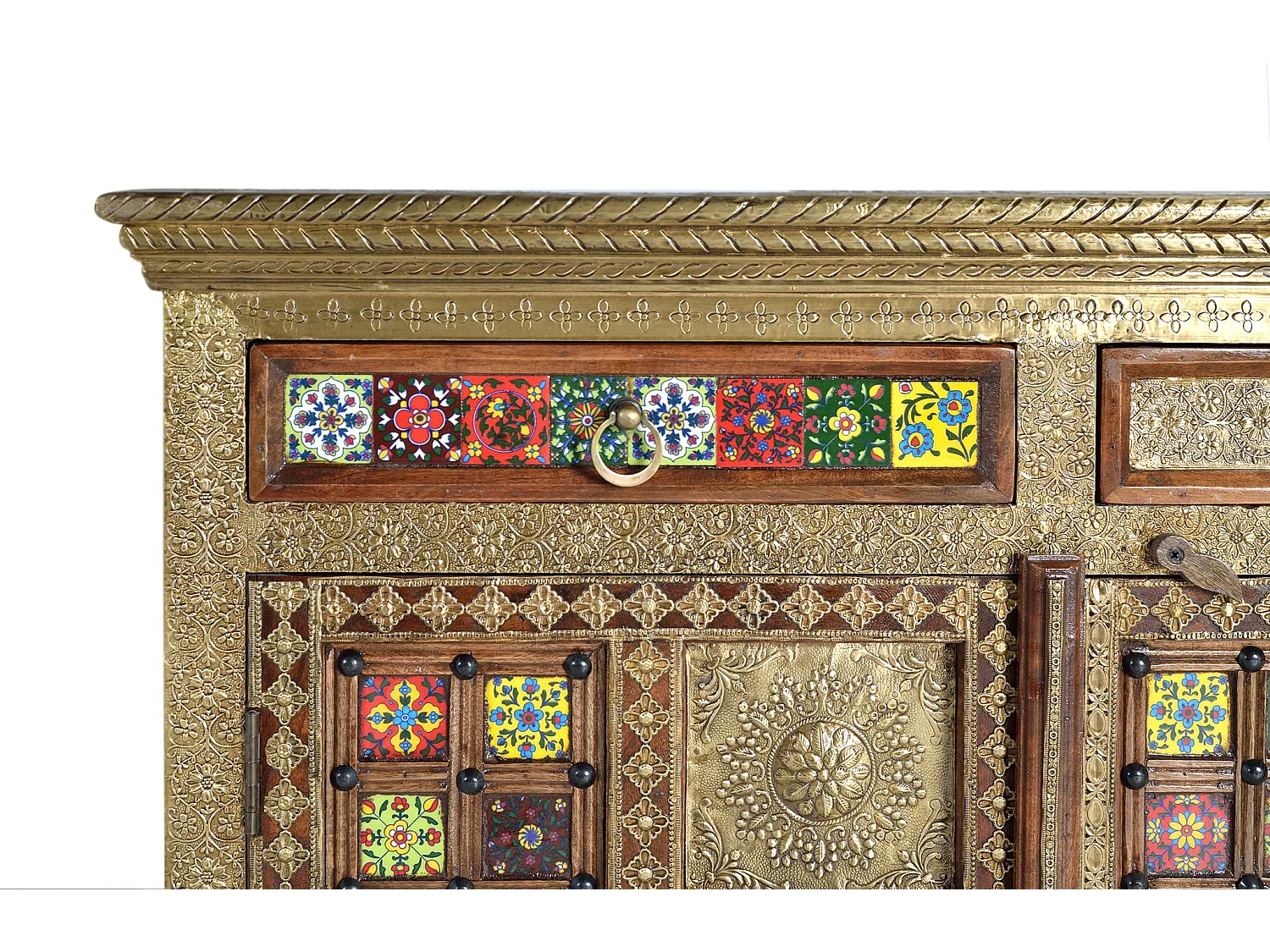 Buffet en bois d'acacia, style ethnique artisanal - 90 x 150 x 40
