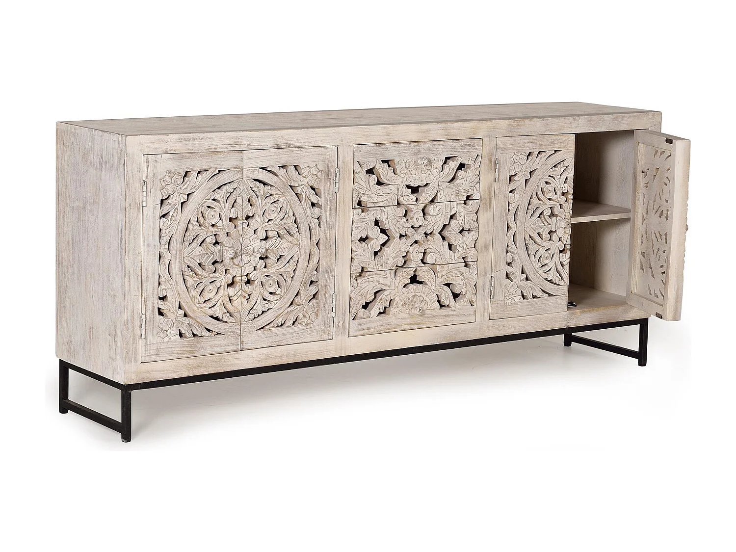 Buffet en manguier et pieds en métal blanc vieilli