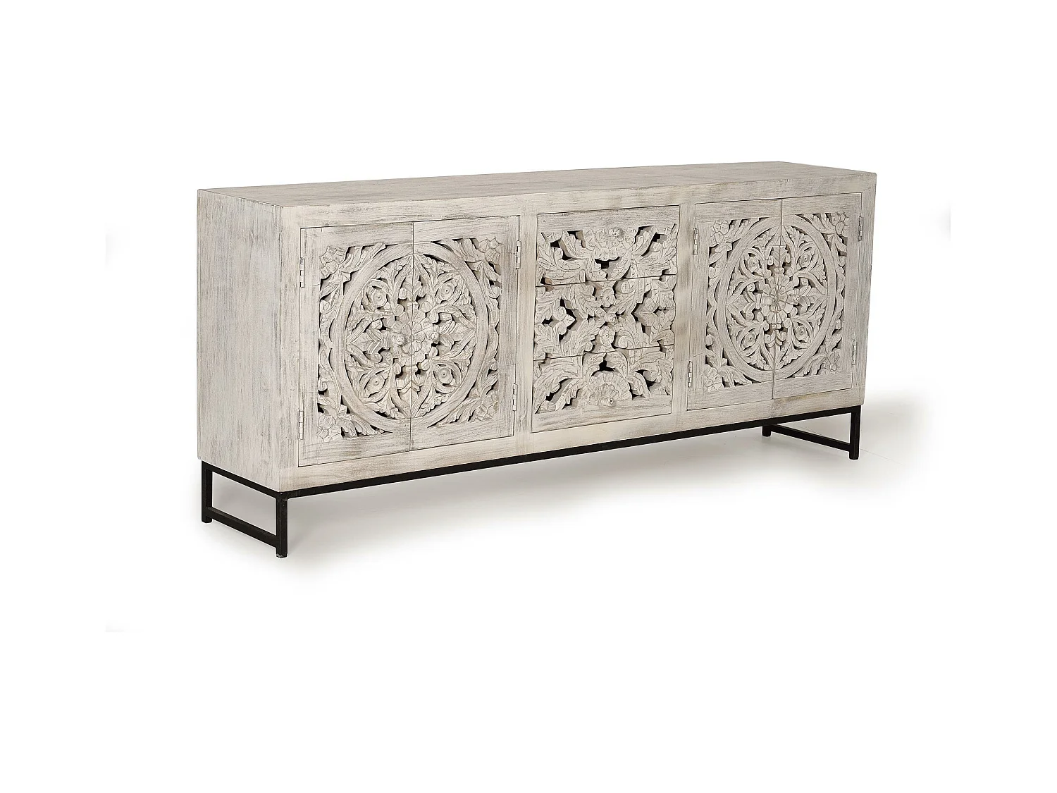 Komoda z drewna mango z nogami z postarzanego białego metalu