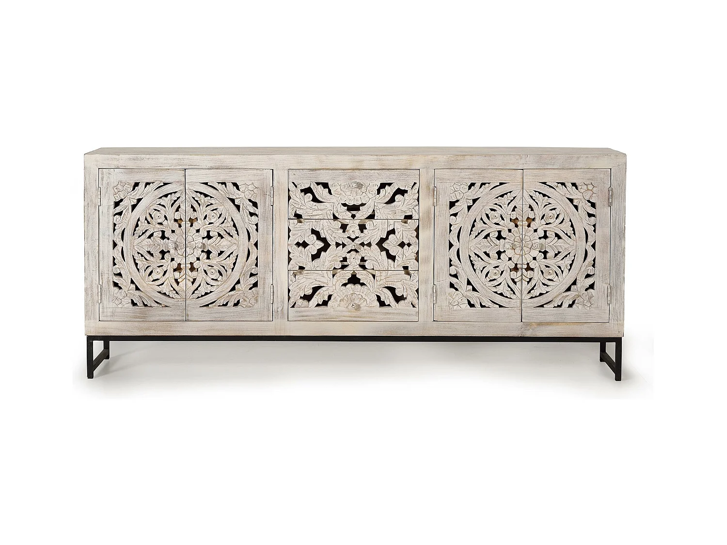 Komoda z drewna mango z nogami z postarzanego białego metalu