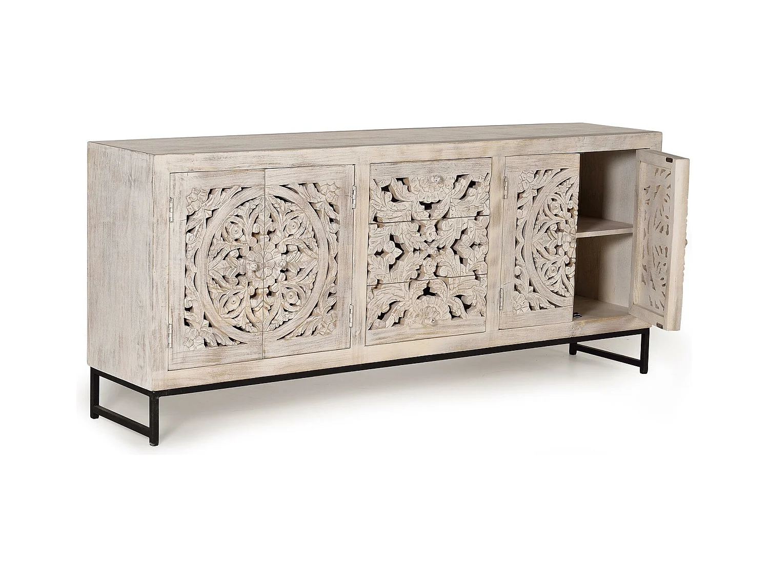 Komoda z drewna mango z nogami z postarzanego białego metalu