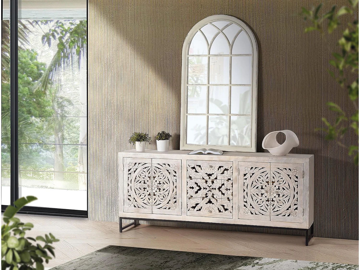 Buffet en bois de manguier sculpté, style ethnique bohème - 81 x 190 x 38