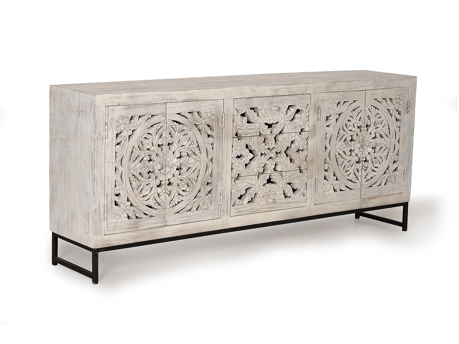 Buffet en bois de manguier sculpté, style ethnique bohème - 81 x 190 x 38