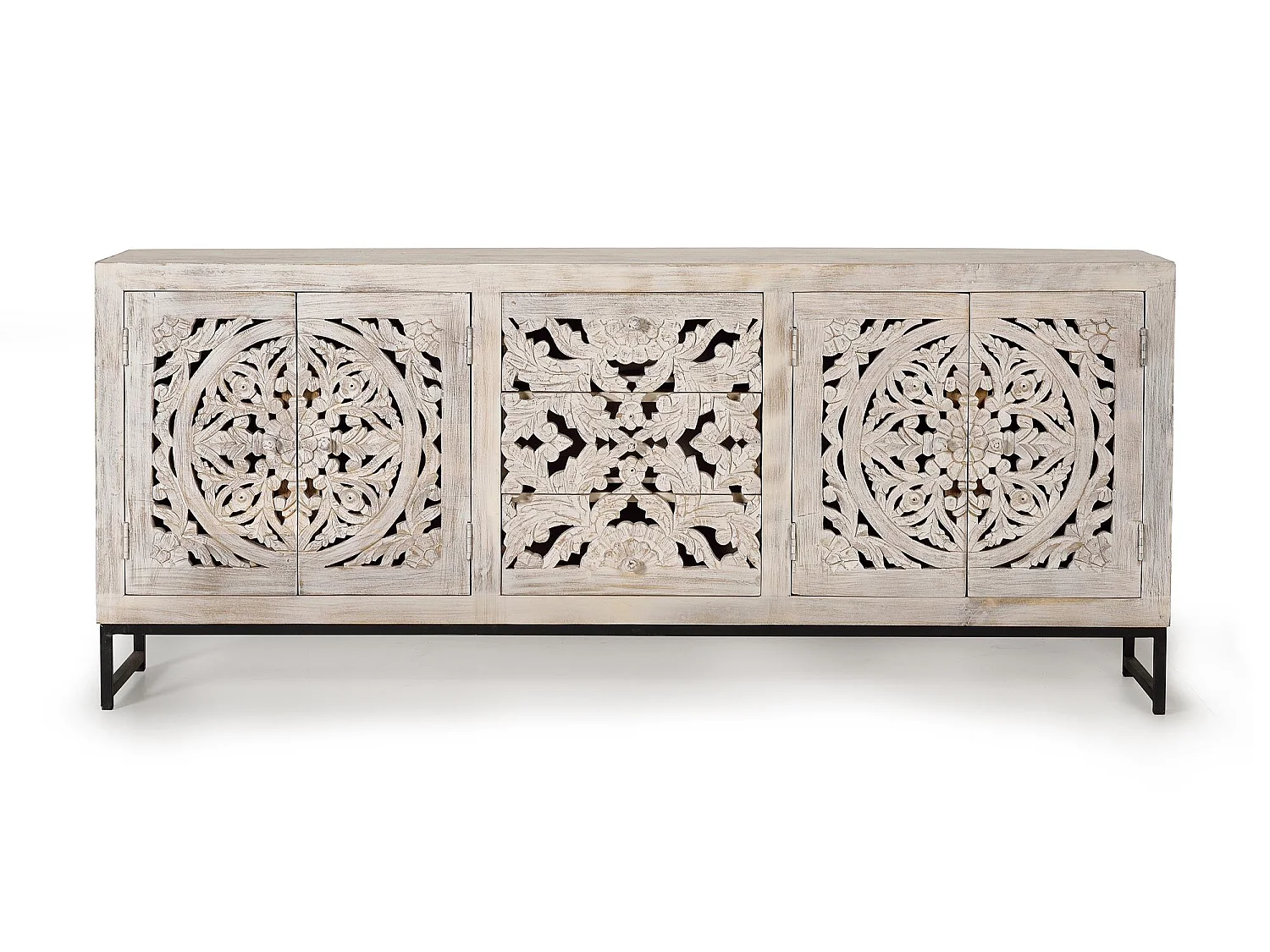 Buffet en bois de manguier sculpté, style ethnique bohème - 81 x 190 x 38