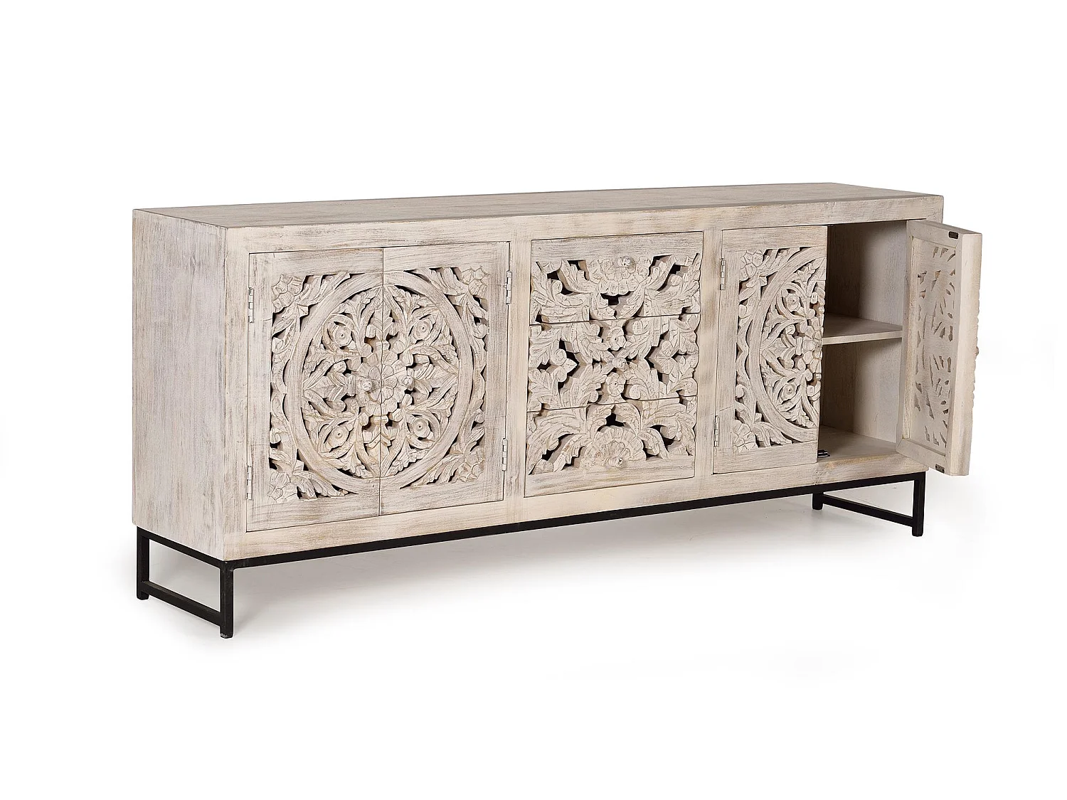 Buffet en bois de manguier sculpté, style ethnique bohème - 81 x 190 x 38
