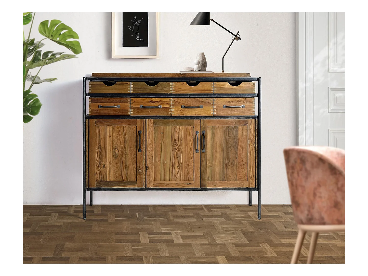 Buffet en bois teck et manguier et métal