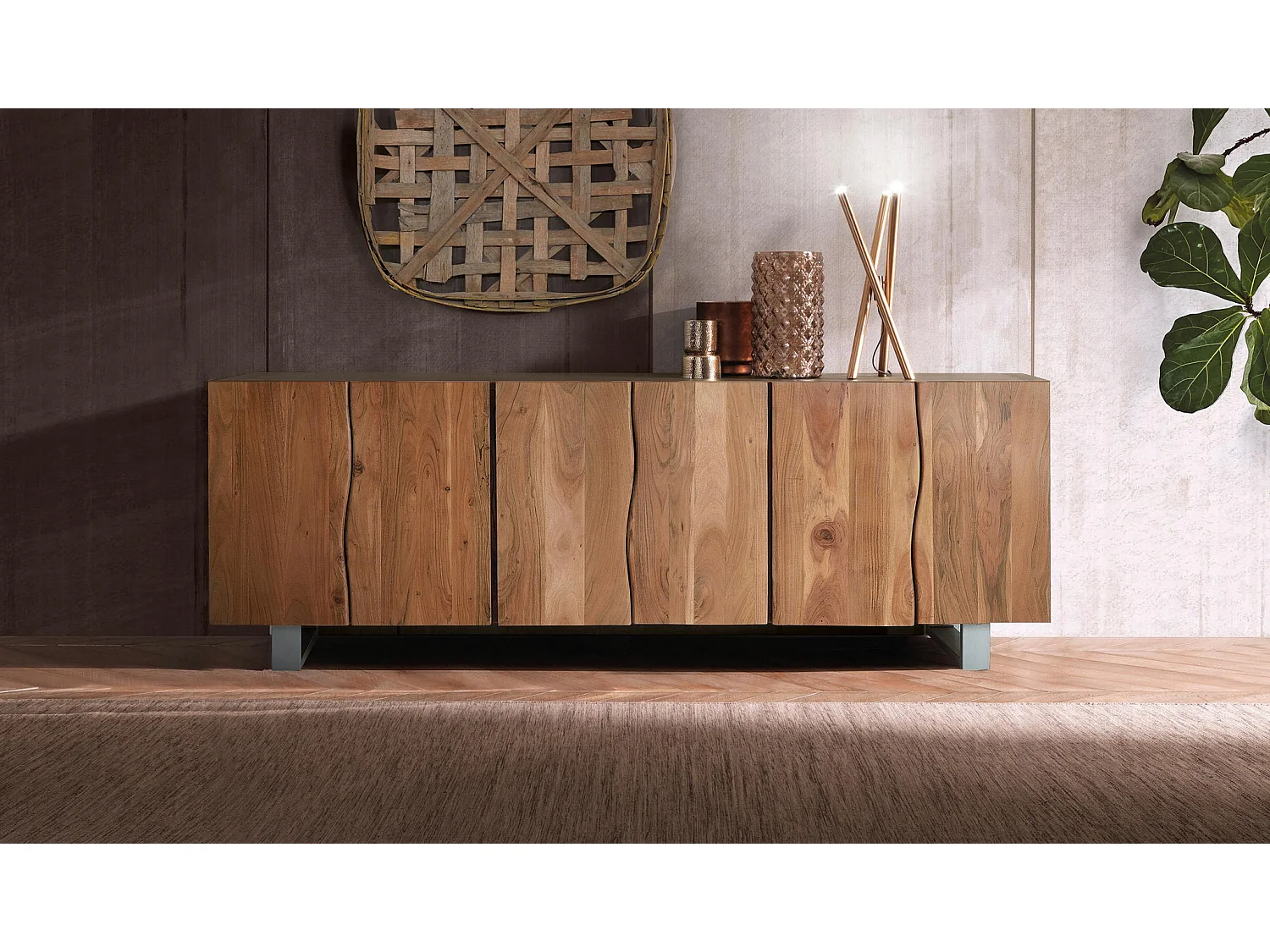 Buffet en bois d'acacia de style rustique moderne - 74 x 220 x 45
