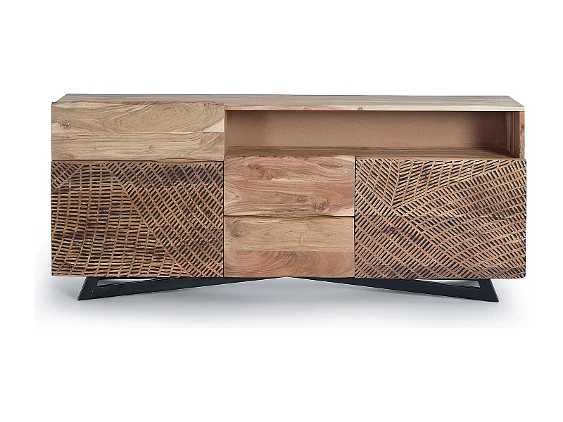 Buffet en bois d'acacia, pieds en métal naturel et noir
