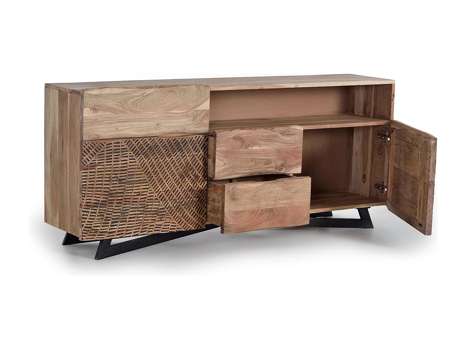 Buffet en bois d'acacia, pieds en métal naturel et noir
