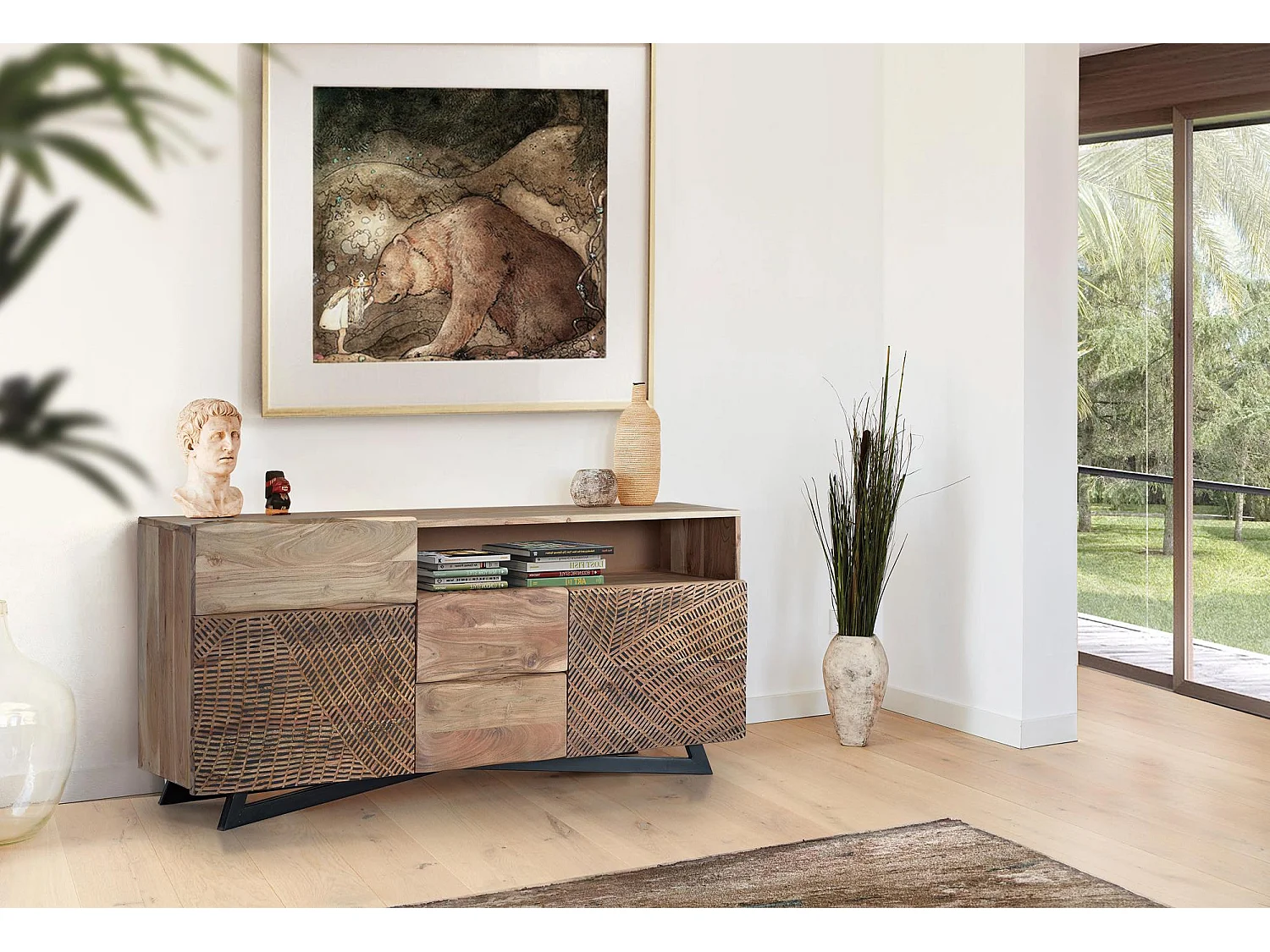 Buffet en bois d'acacia, pieds en métal naturel et noir