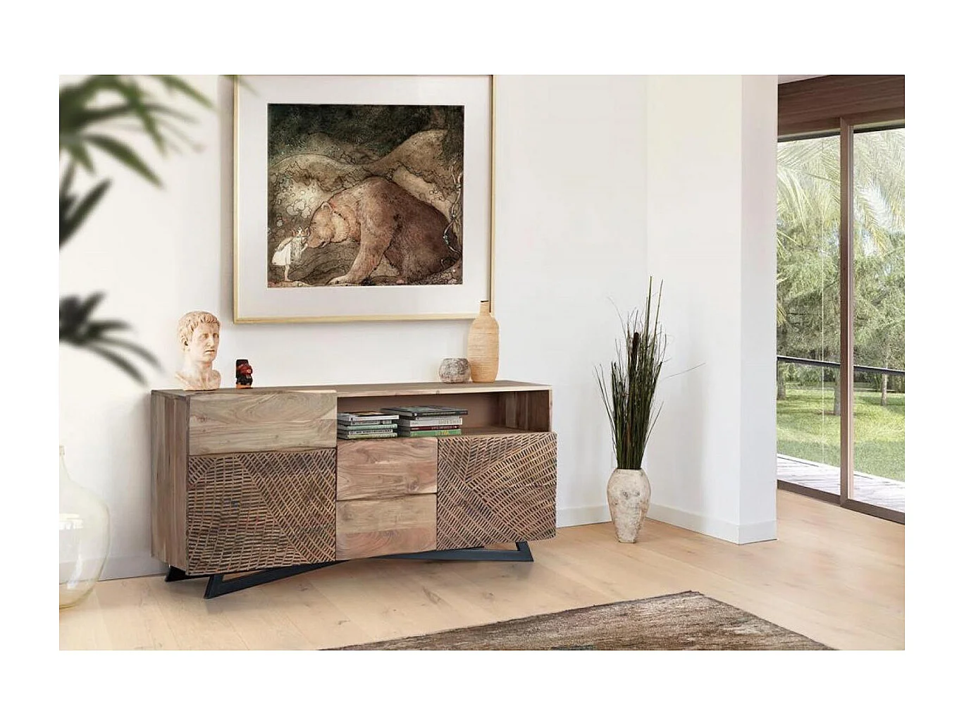 Buffet en bois d'acacia, pieds en métal naturel et noir