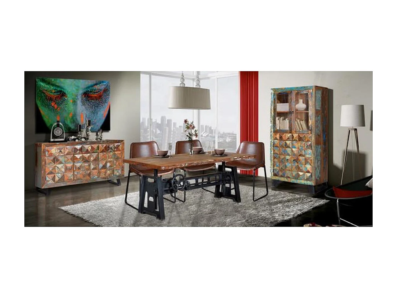 Buffet en bois recyclé multicolore