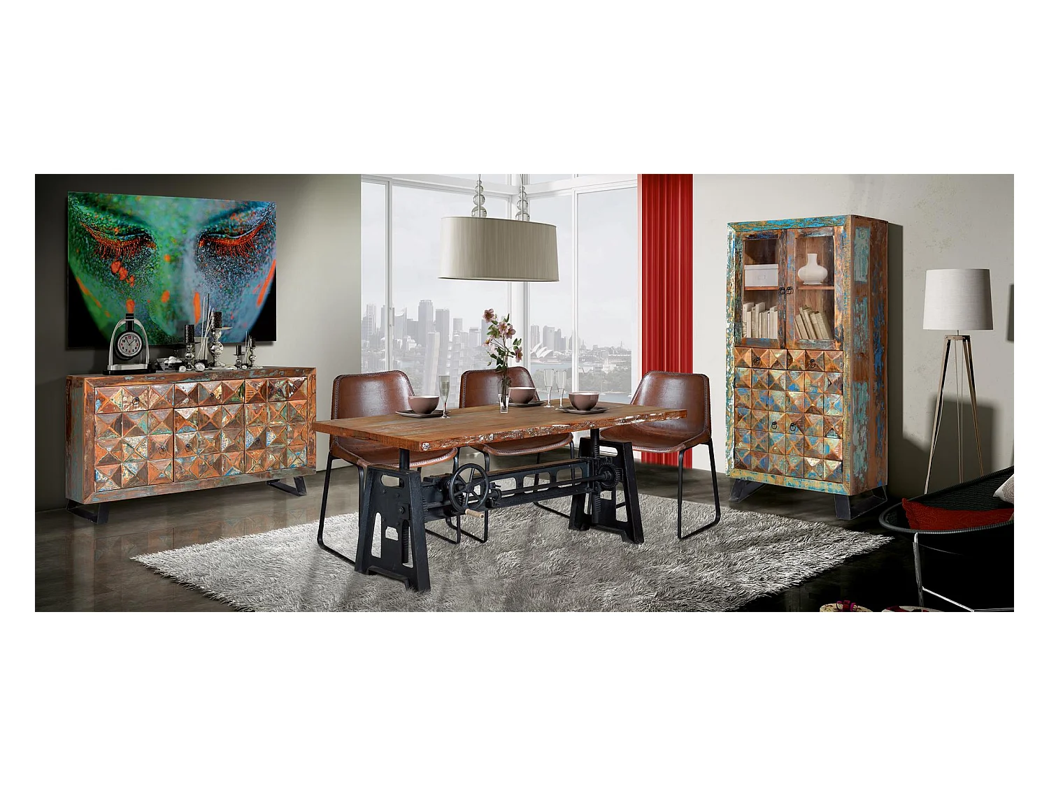 Buffet en bois recyclé multicolore