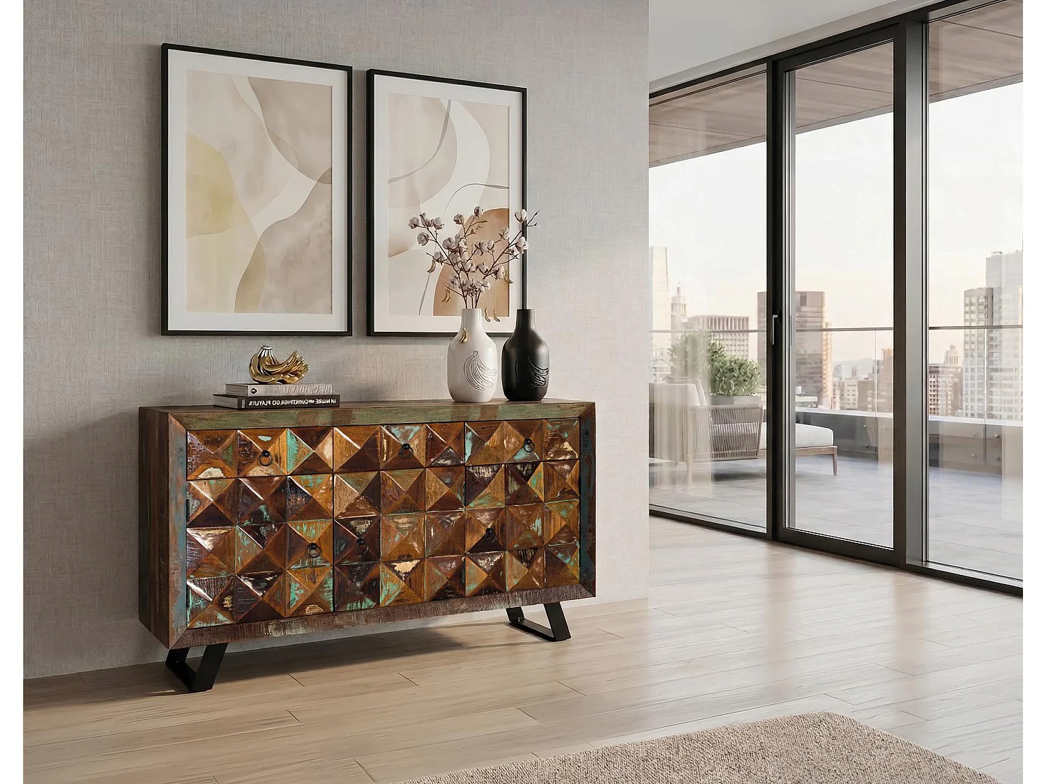 Buffet en bois recyclé de style industriel moderne - 90 x 150 x 40