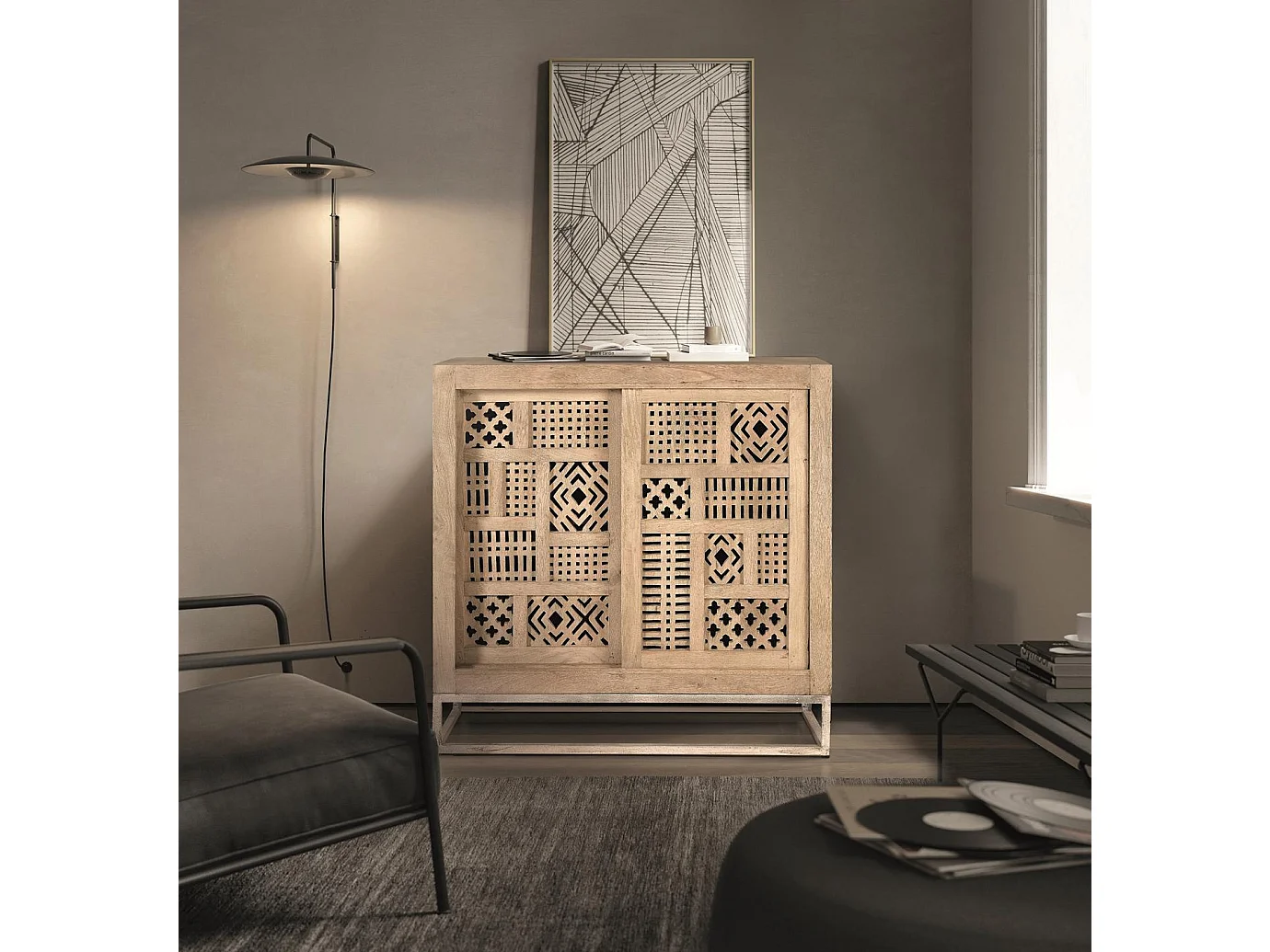 Cómoda de Madera de Mango 90 Cm Estilo Boho Tallado-90x90x40