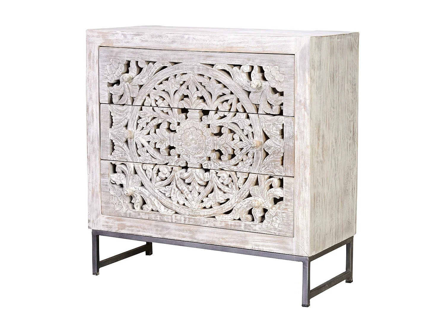 Komoda z drewna mango z nogami z postarzanego białego metalu