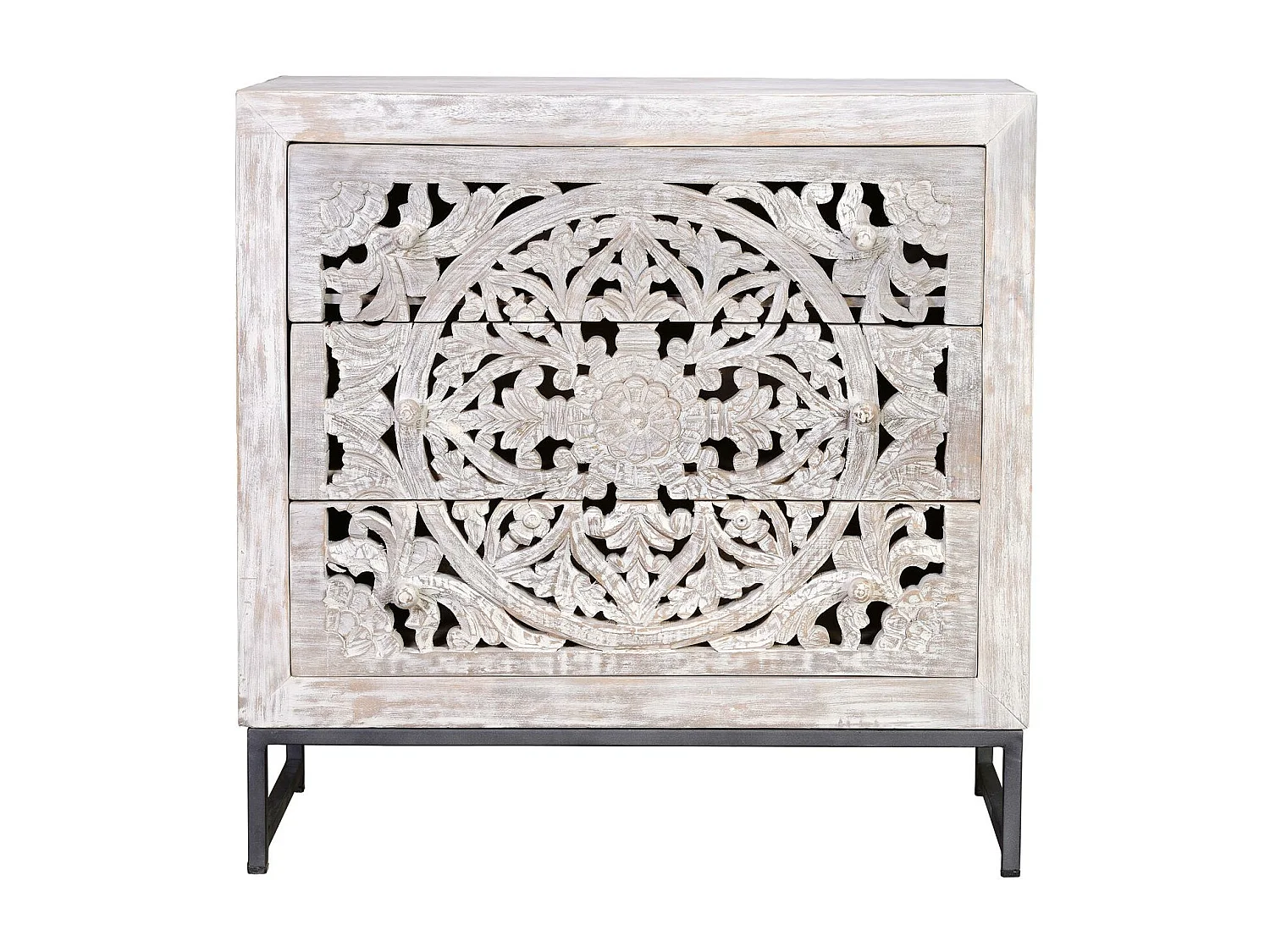 Komoda z drewna mango z nogami z postarzanego białego metalu