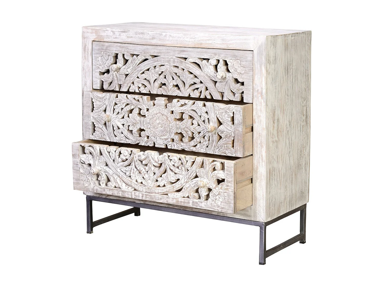 Komoda z drewna mango z nogami z postarzanego białego metalu