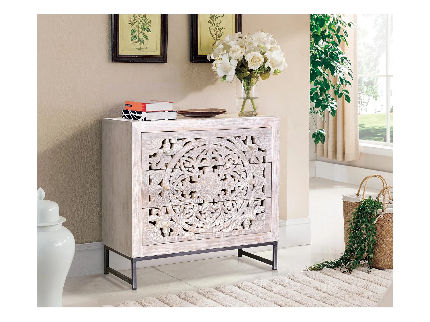 Buffet en manguier et piètement en métal blanc et gris