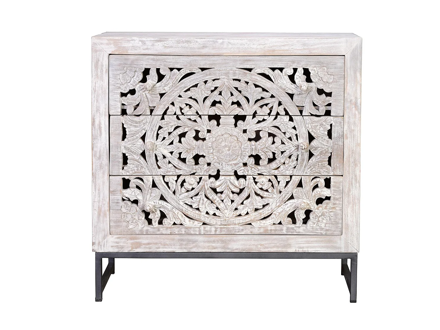 Commode en bois de manguier 80 cm, style ethnique bohème sculpté - 81 x 80 x 35