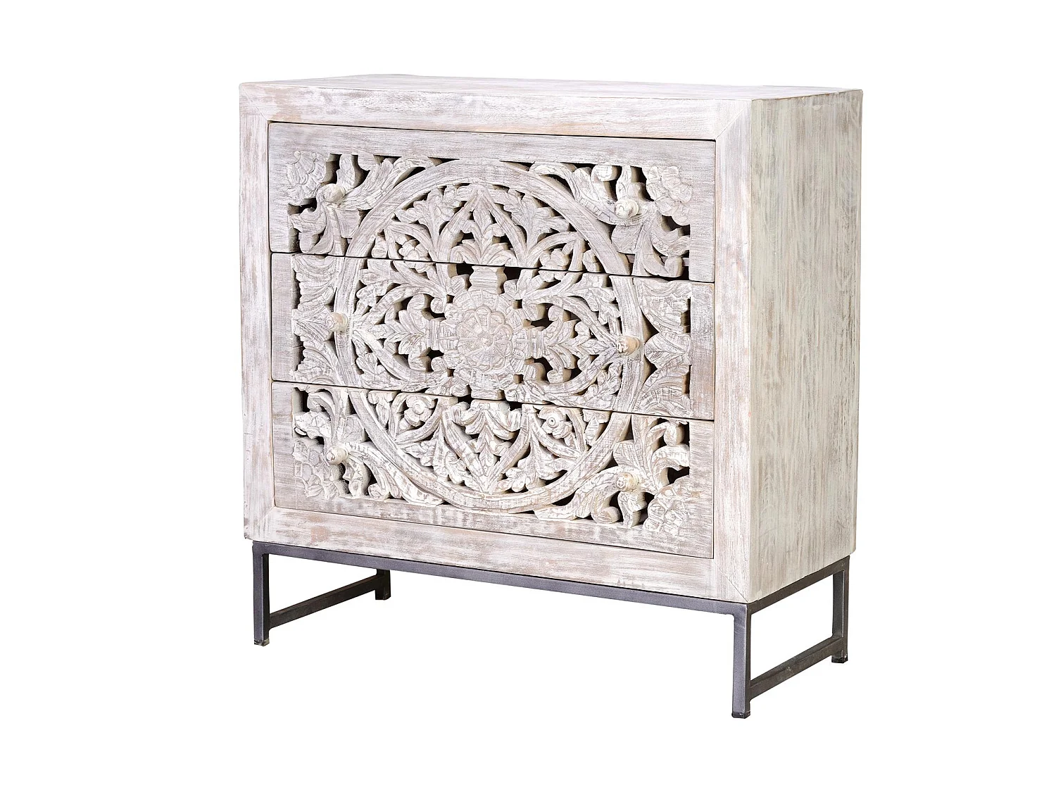 Commode en bois de manguier 80 cm, style ethnique bohème sculpté - 81 x 80 x 35