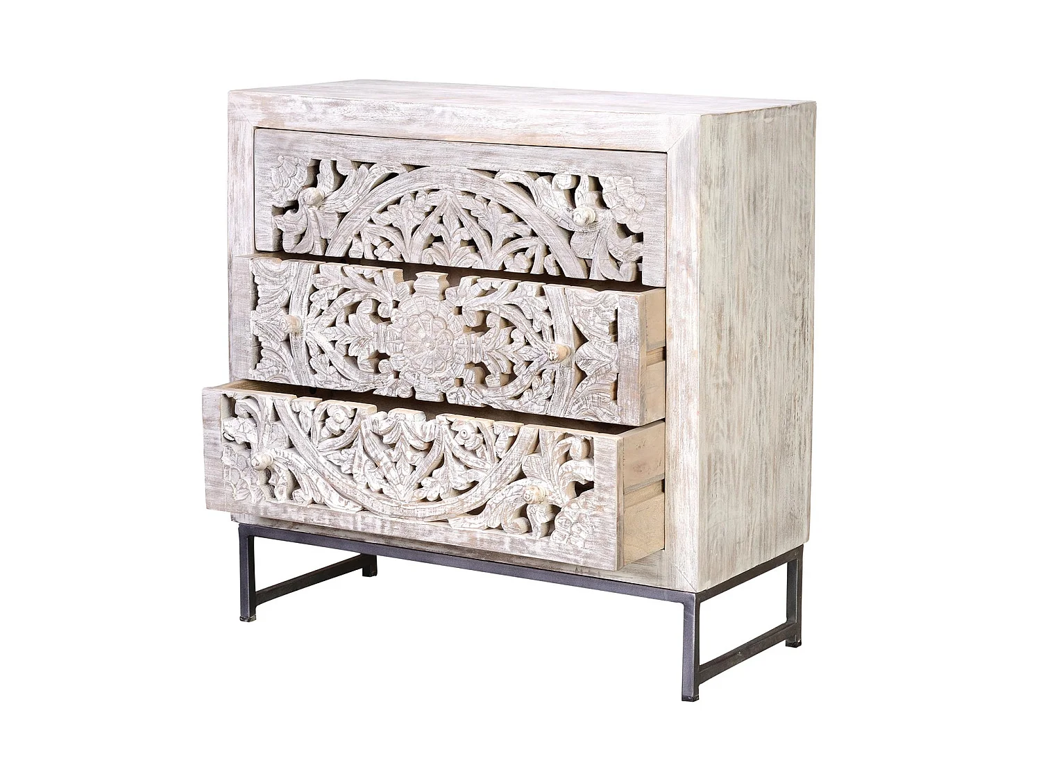 Commode en bois de manguier 80 cm, style ethnique bohème sculpté - 81 x 80 x 35