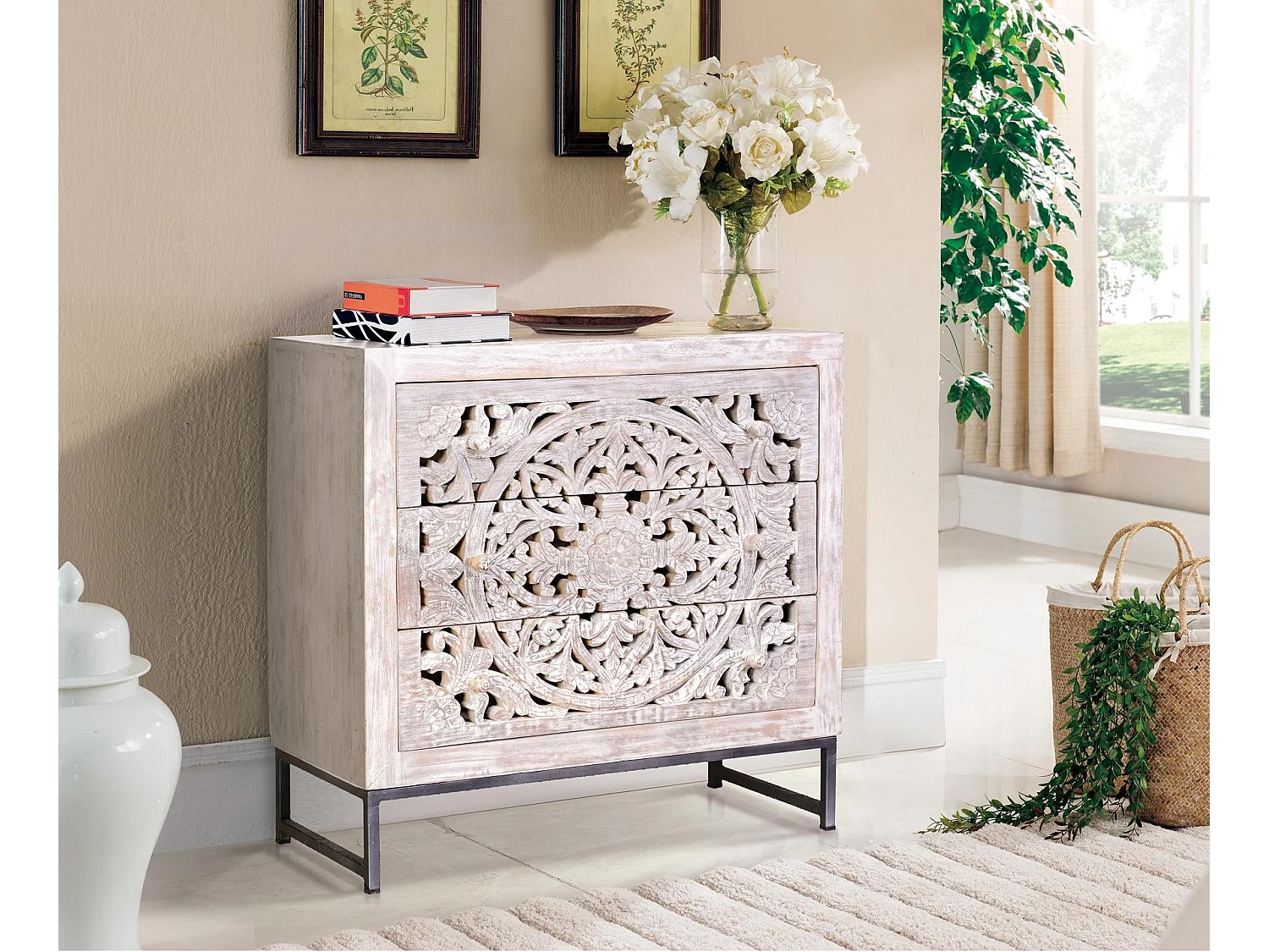 Commode en bois de manguier 80 cm, style ethnique bohème sculpté - 81 x 80 x 35