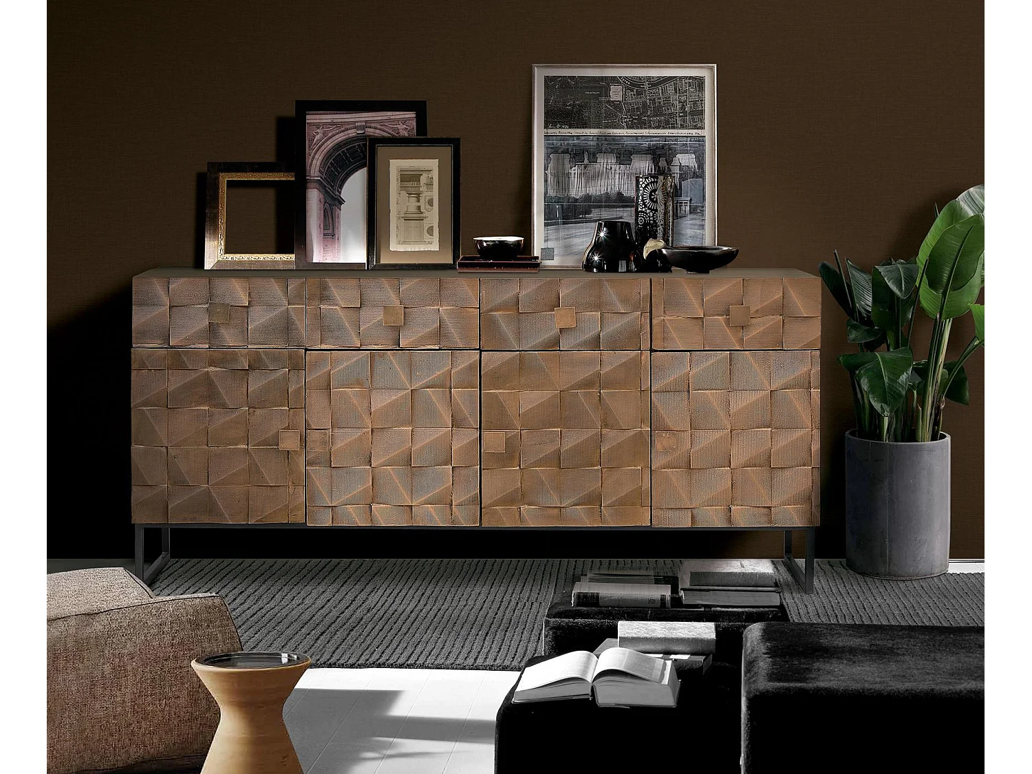 Buffet en bois de manguier, style rustique moderne - 80 x 170 x 42 cm