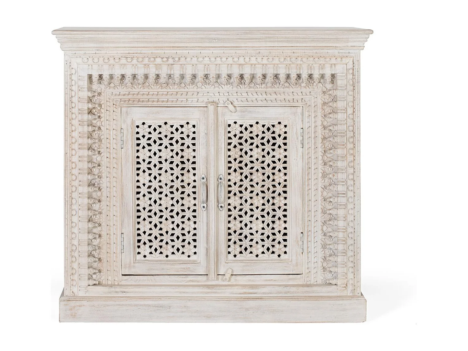 Credenza in massello di mango intagliato Colore bianco invecchiato