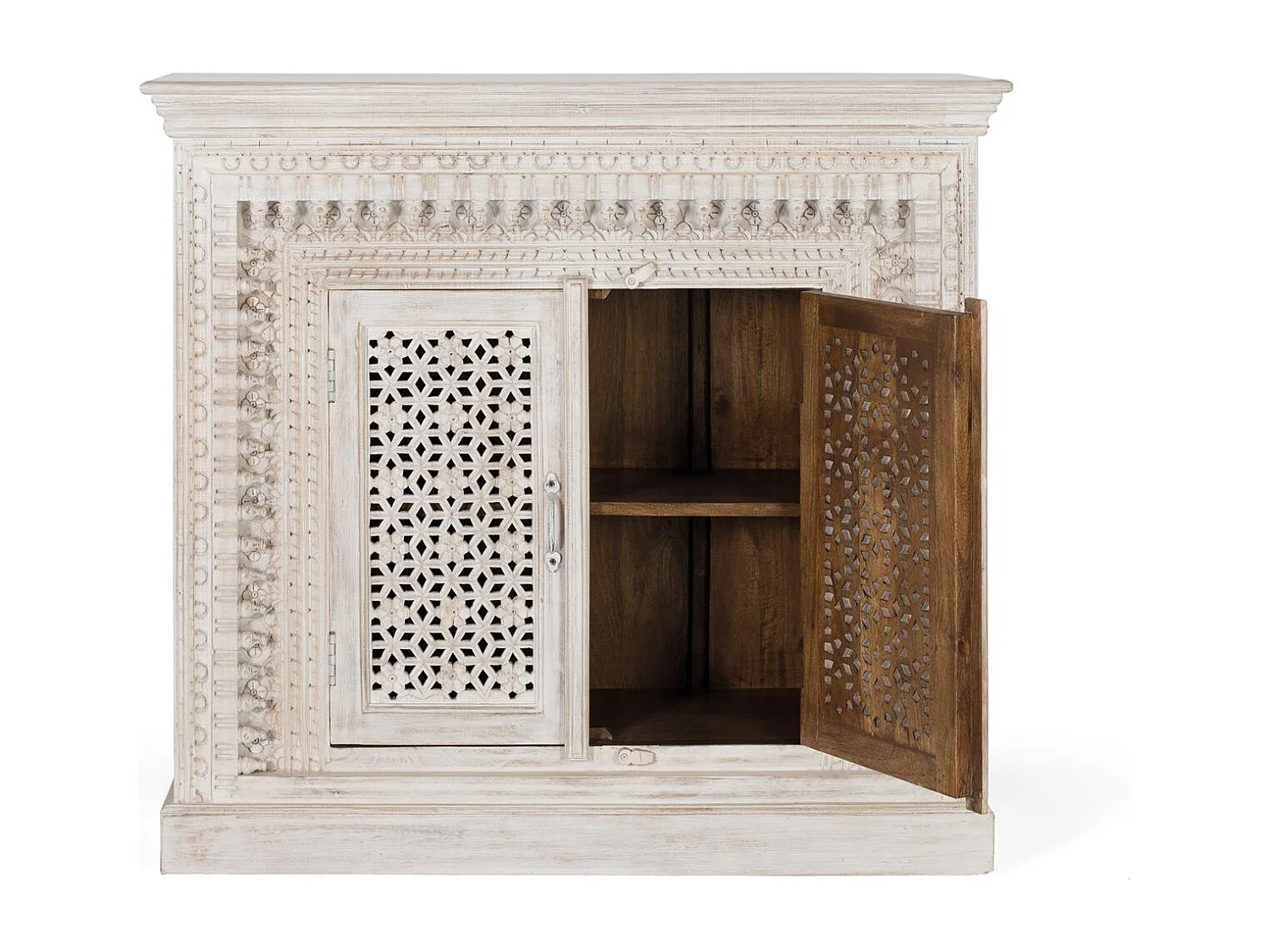 Credenza in massello di mango intagliato Colore bianco invecchiato