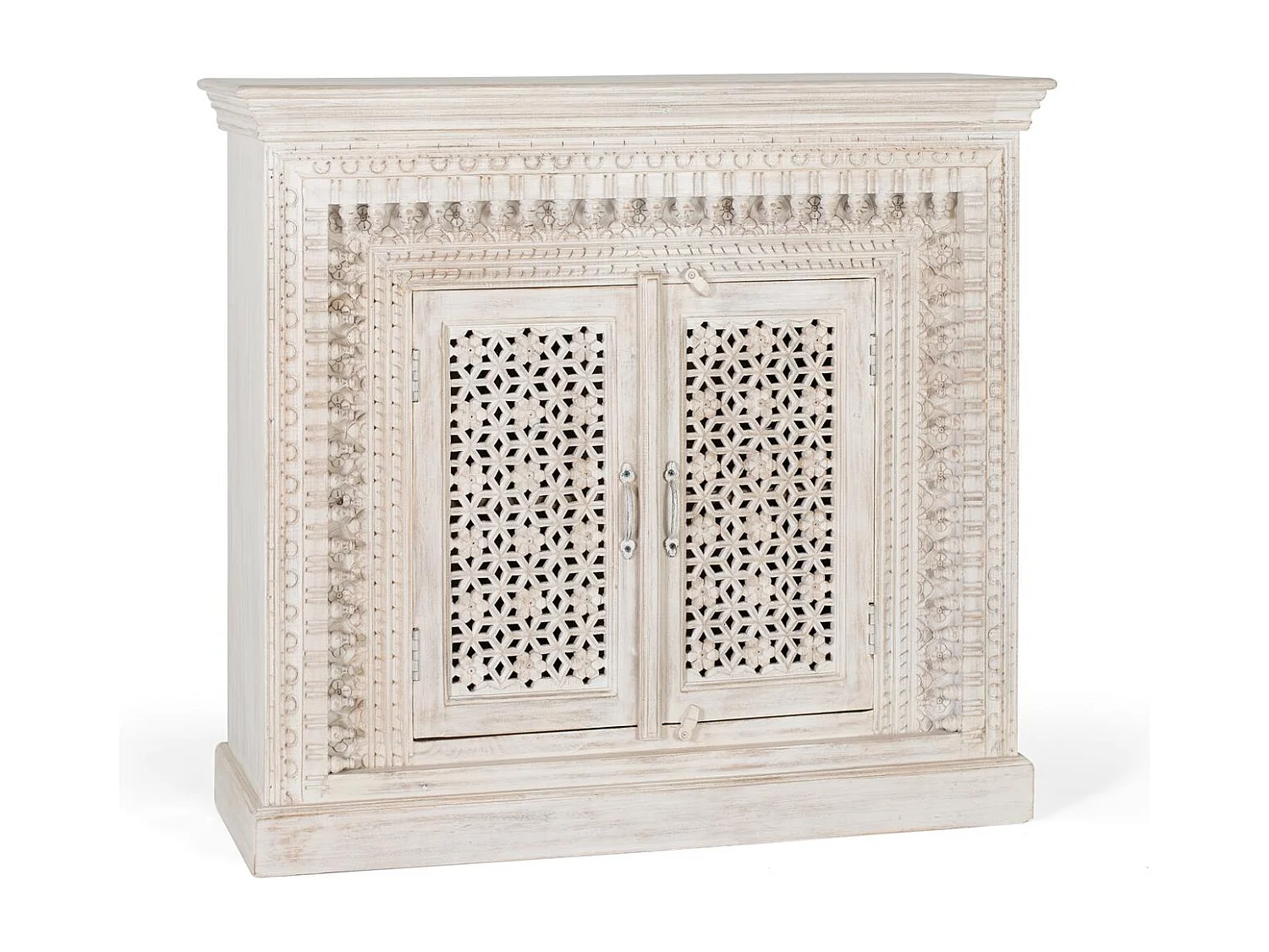 Credenza in massello di mango intagliato Colore bianco invecchiato
