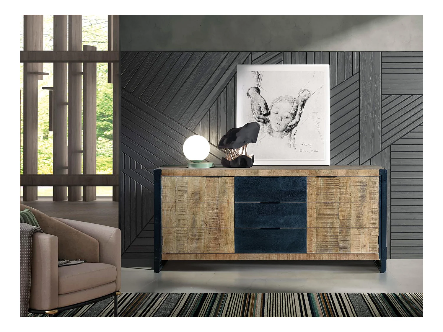 Buffet en bois d'acacia et métal