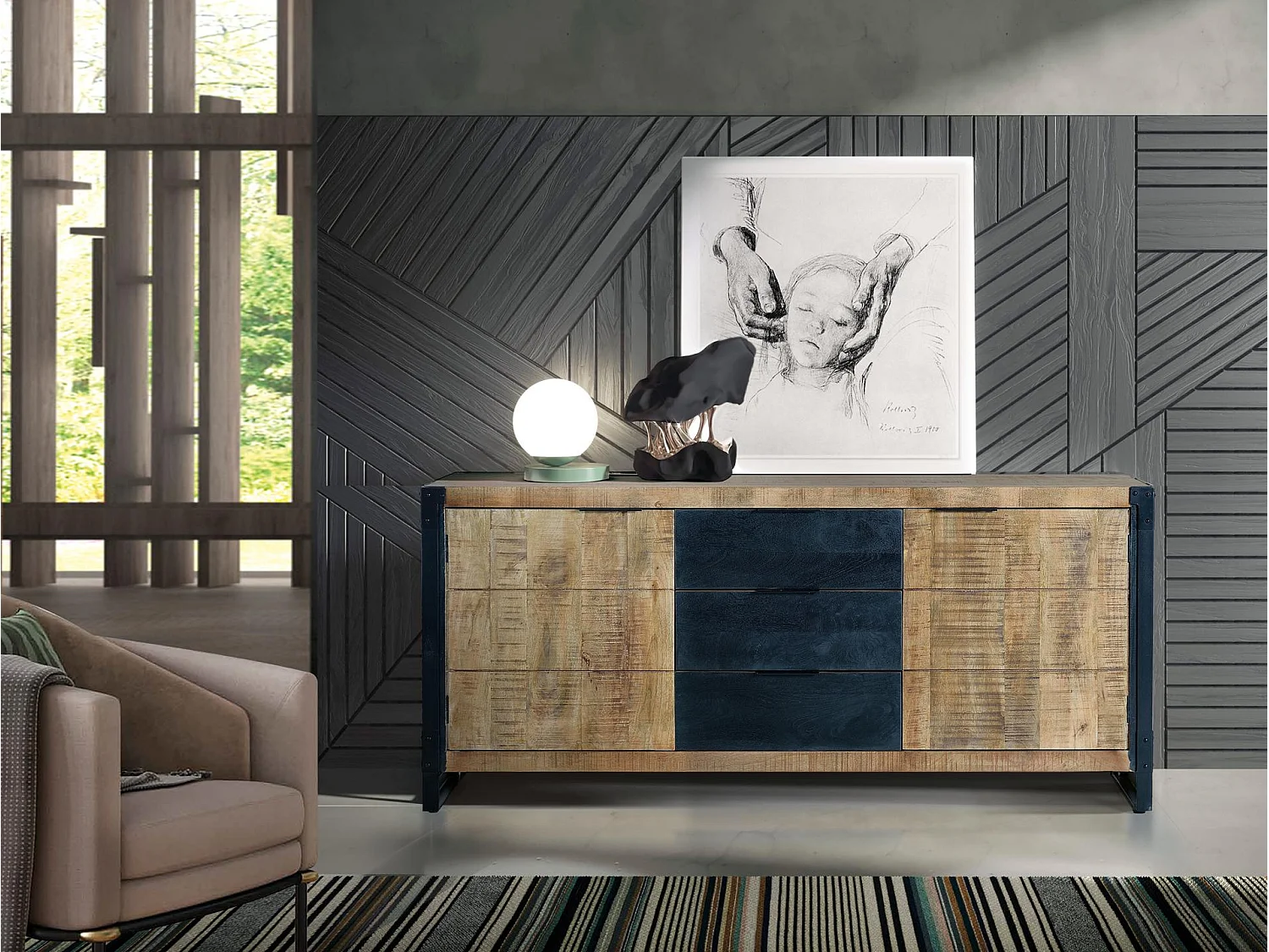 Buffet en bois de manguier de style industriel moderne - 80 x 180 x 45