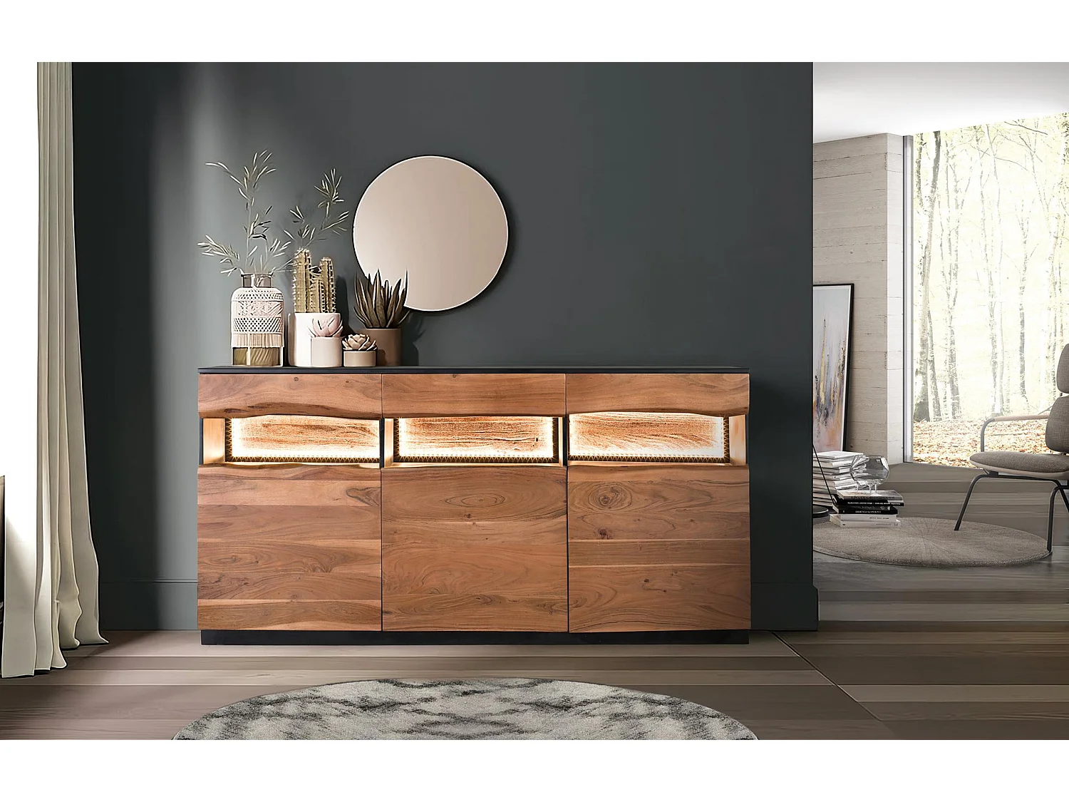 Buffet en bois d'acacia de style rustique moderne - 93 x 180 x 40