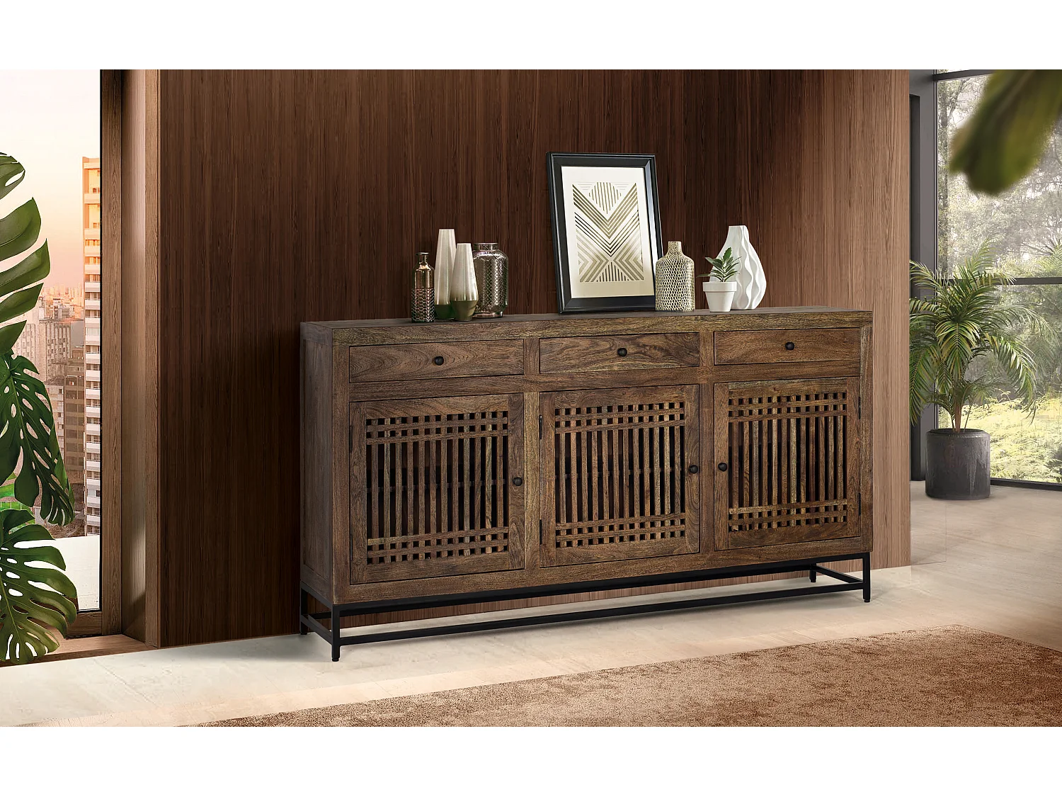 Buffet en bois d'acacia marron et mètal