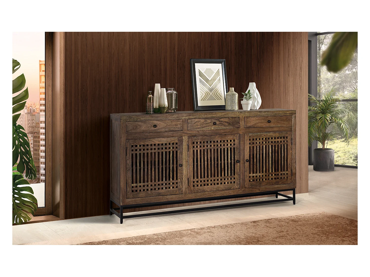 Buffet en bois d'acacia marron et mètal