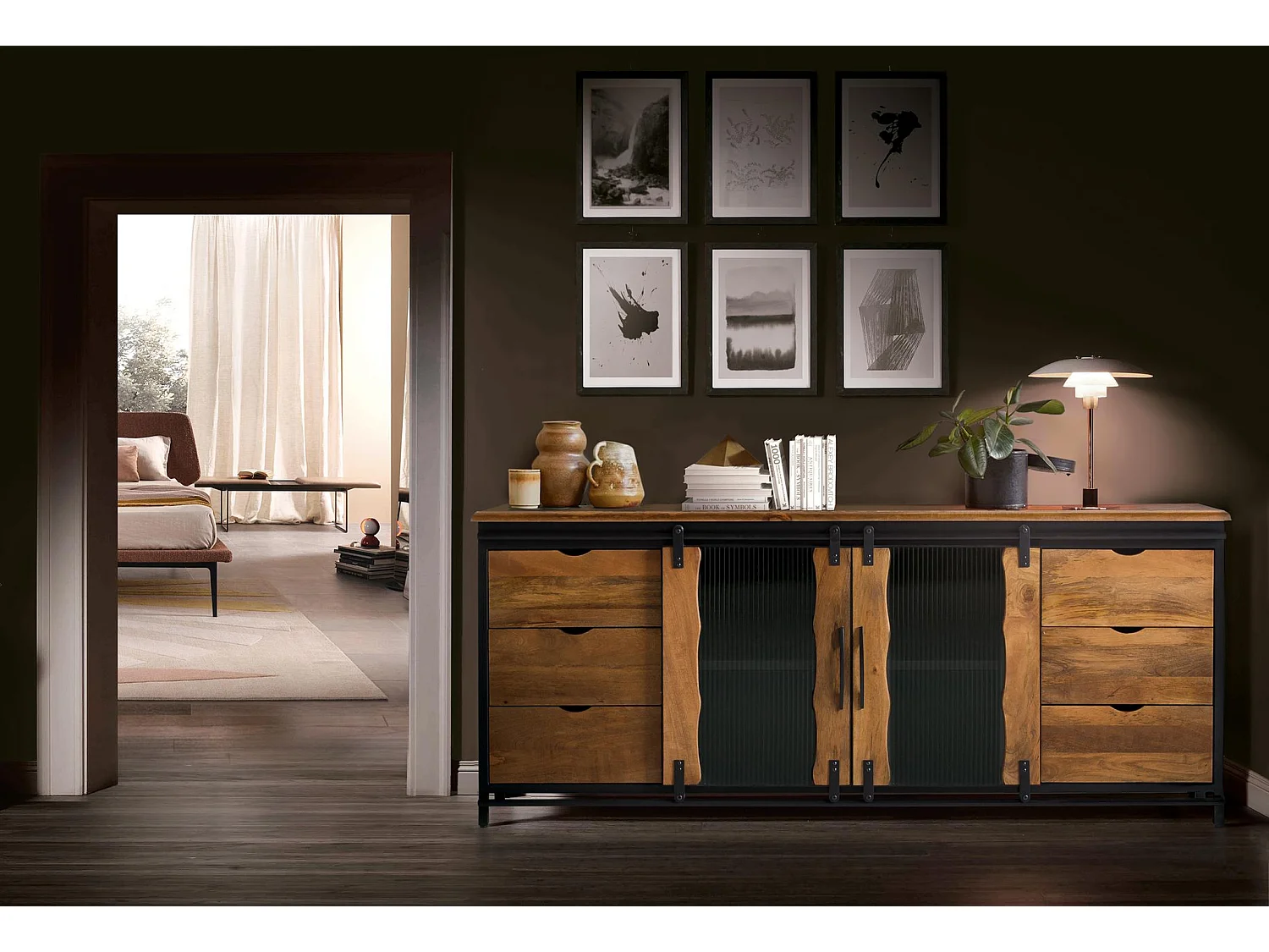 Buffet en bois de manguier, style industriel en métal - 80 x 190 x 40