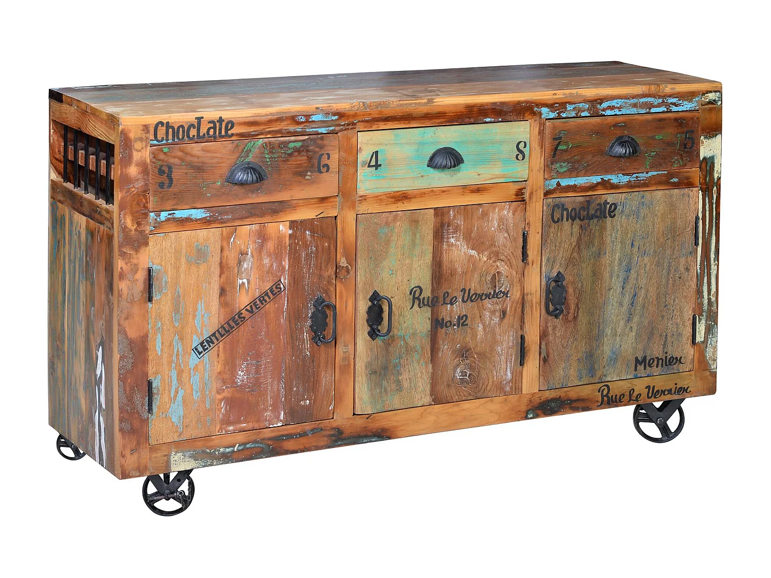 Buffet en bois recyclé multicolore