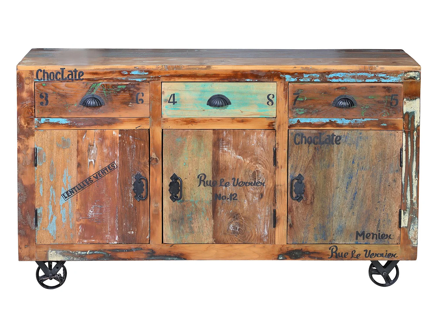 Buffet en bois recyclé multicolore