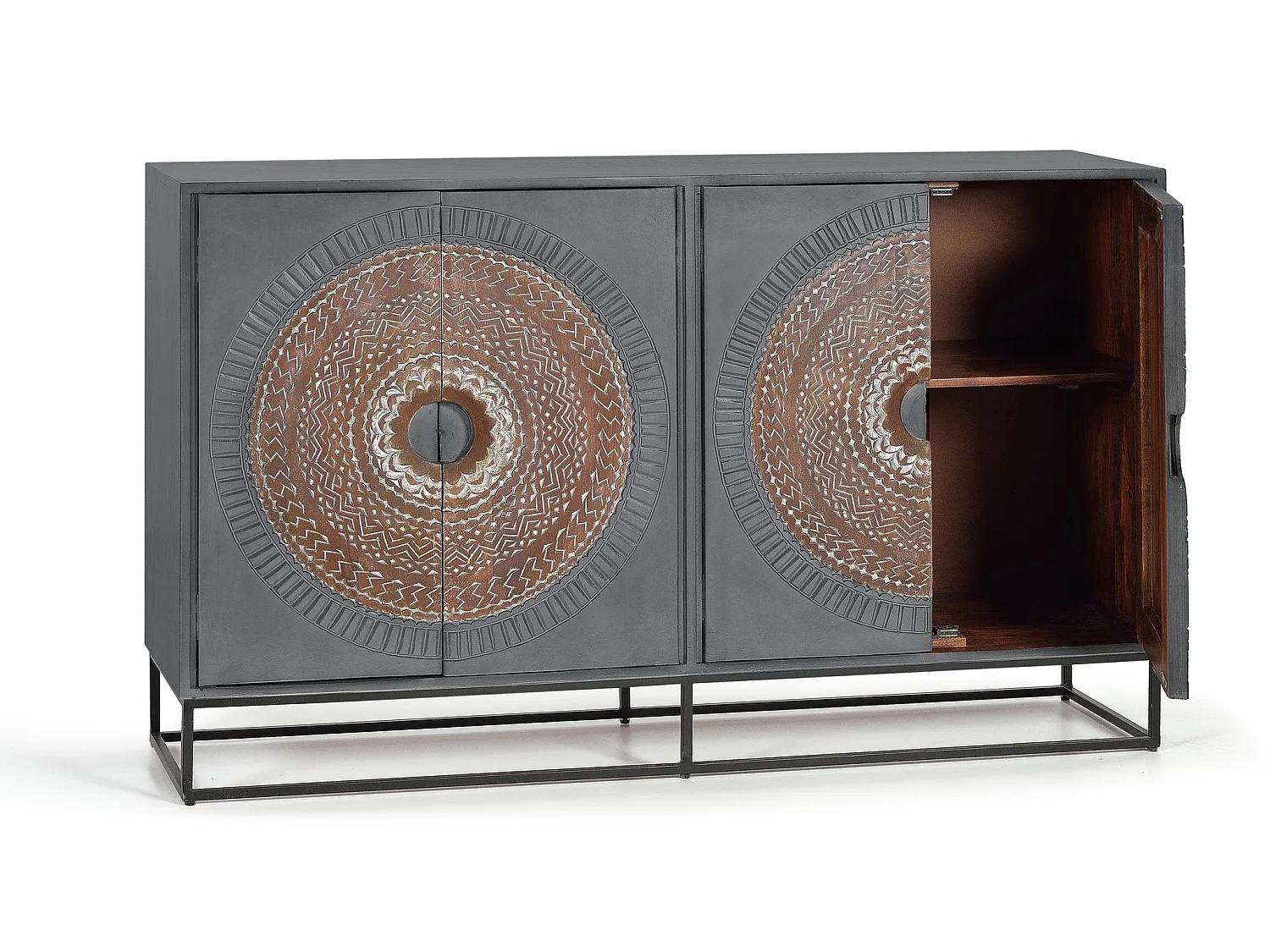 Buffet en bois de manguier, style industriel ethnique contemporain - 91 x 150 x 40