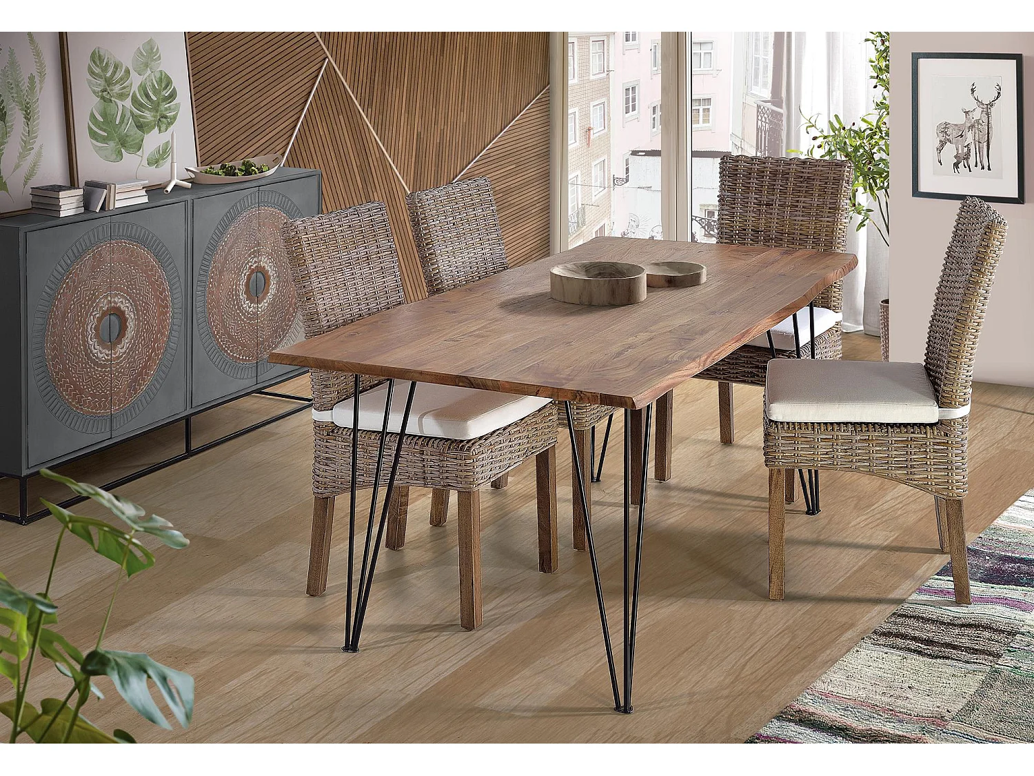 Buffet en bois de manguier, style industriel ethnique contemporain - 91 x 150 x 40