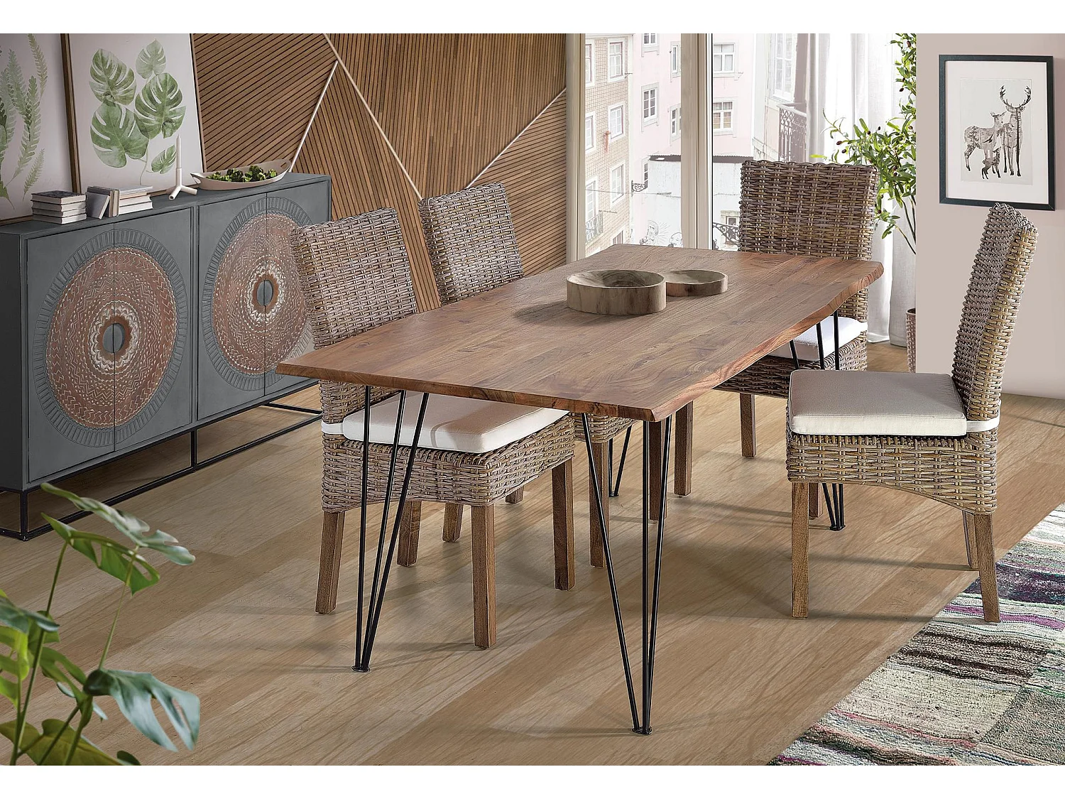Buffet en bois de manguier, style industriel ethnique contemporain - 91 x 150 x 40