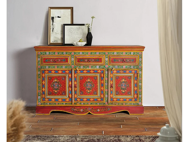 Holz-Sideboard aus Mangoholz und handbemaltem MDF