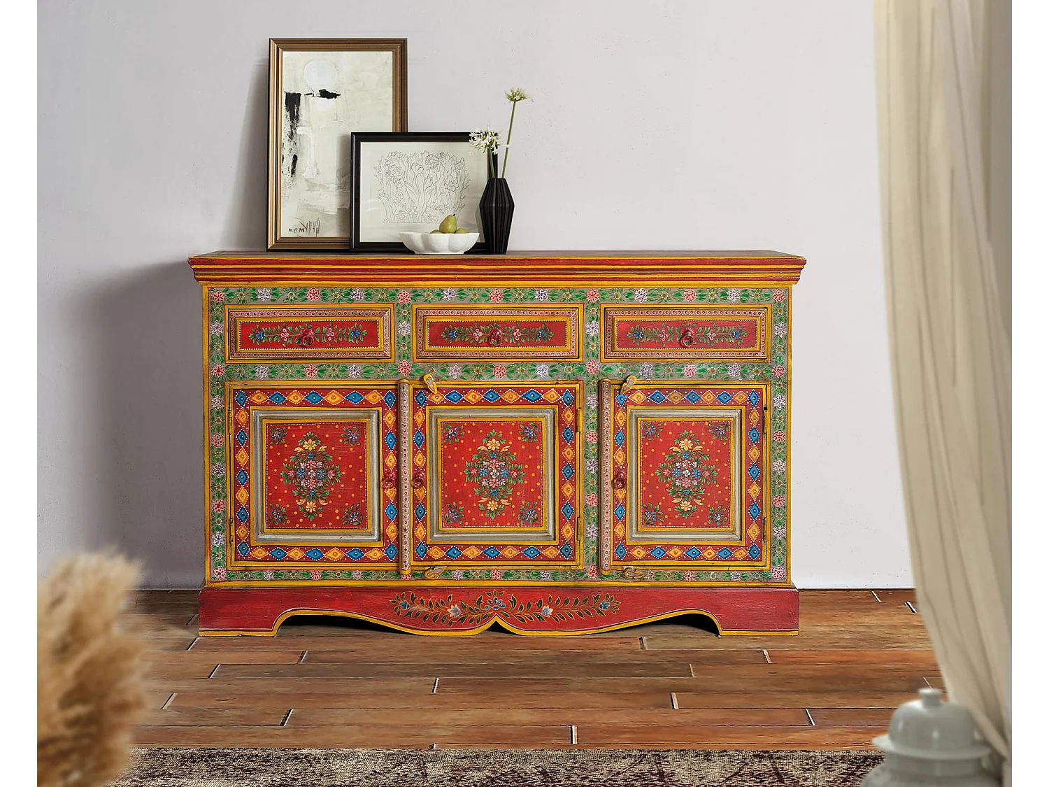 Buffet en bois en manguier et MDF peint à la main