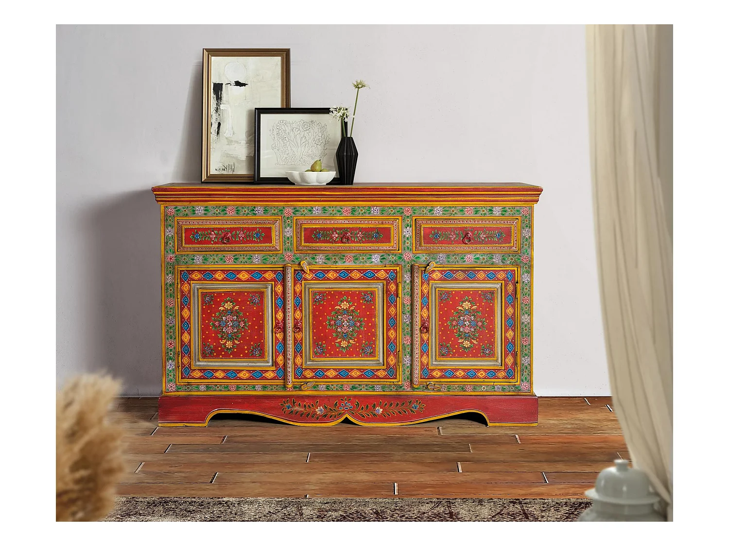 Buffet en bois en manguier et MDF peint à la main