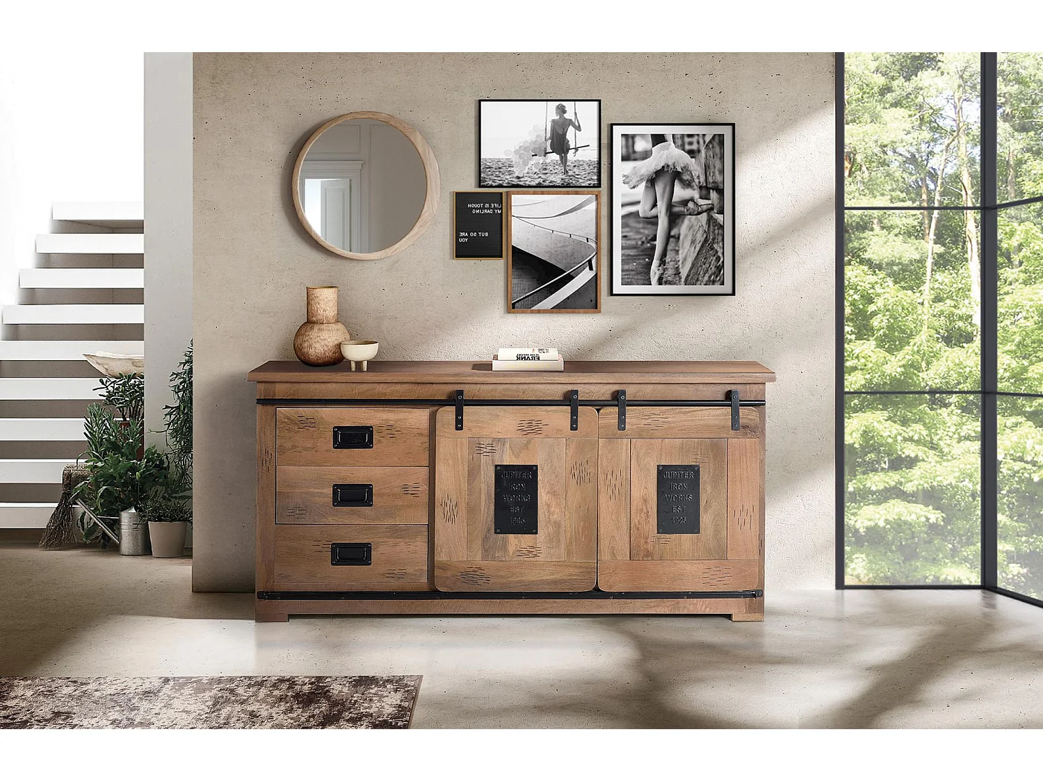 Buffet en bois de manguier, style industriel - 80 x 165 x 45
