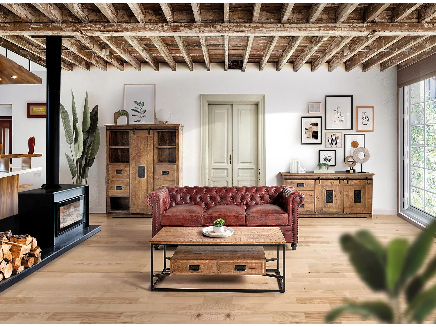 Buffet en bois de manguier, style industriel - 80 x 165 x 45
