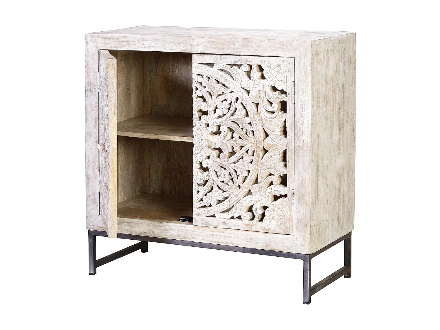 Buffet en manguier, pieds en métal blanc et gris vieilli